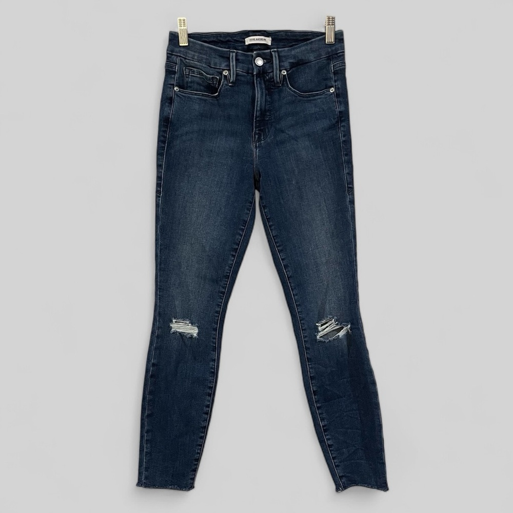 Good American Jeans Womens 2/26 Blue Good Legs Crop Stretch Distressed Pockets